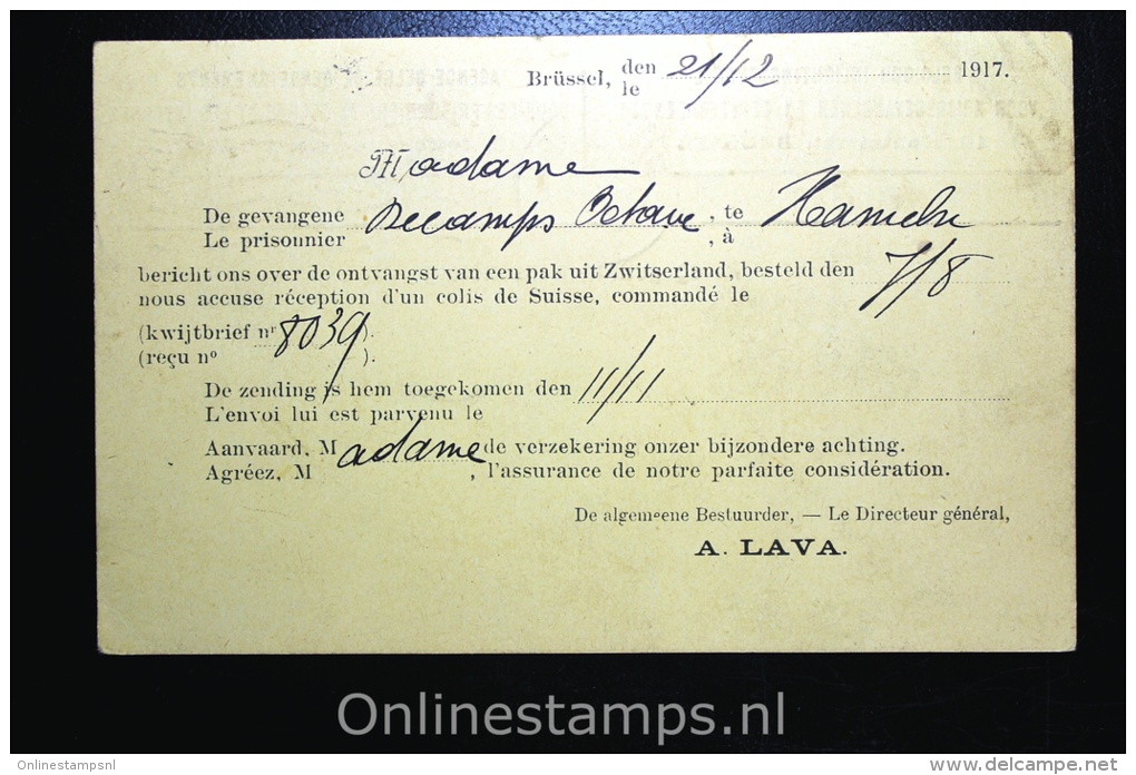 Belgisch Inlichtingsbureel Voor Krijgsgevangenen En Geinterneerden Brussel 1917, Postcard - Kriegsgefangenschaft