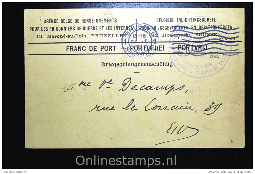 Belgisch Inlichtingsbureel Voor Krijgsgevangenen En Geinterneerden Brussel 1917, Postcard - Prigionieri