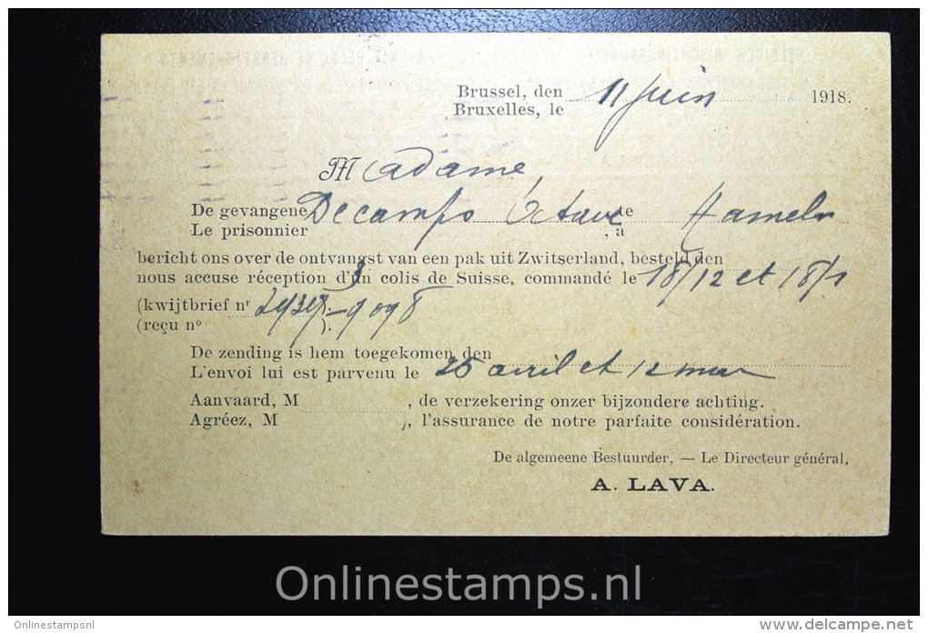 Belgisch Inlichtingsbureel Voor Krijgsgevangenen En Geinterneerden Brussel 1918, Postcard - Prisioneros