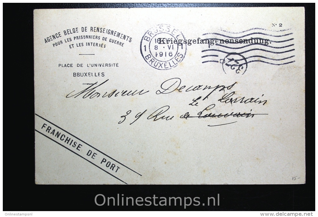 Belgisch Inlichtingsbureel Voor Krijgsgevangenen En Geinterneerden Brussel 1916, Postcard - Prisioneros