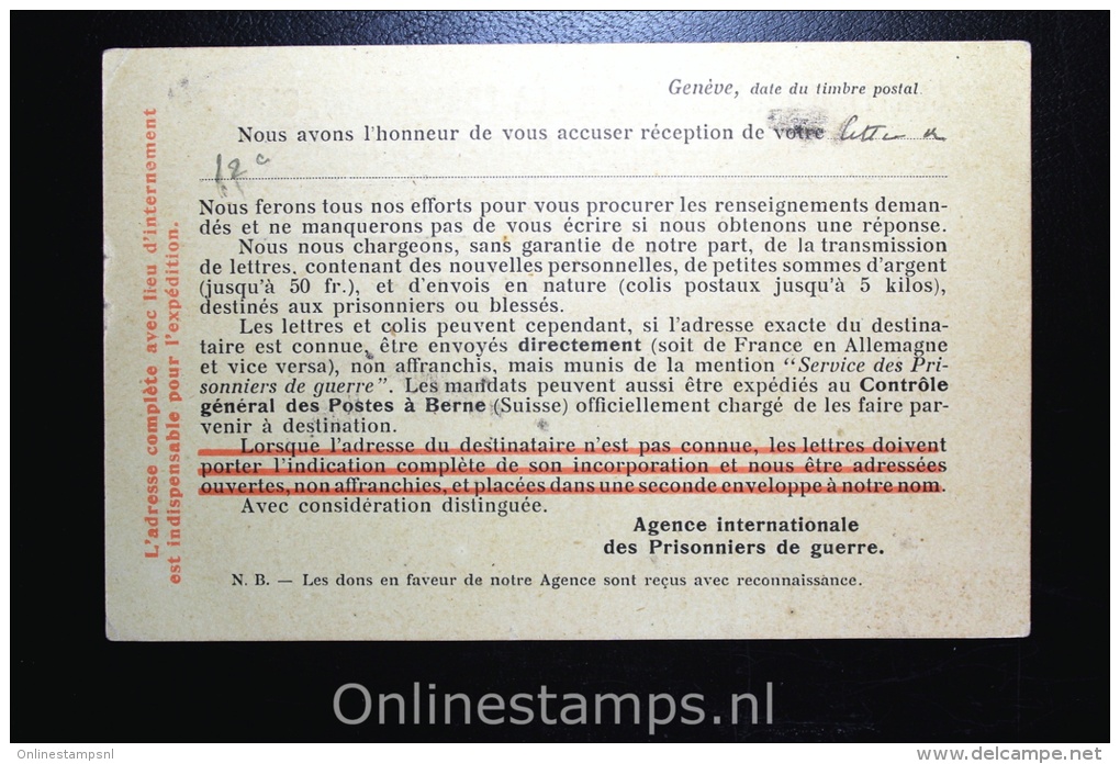 Switserland Comite International De La Croix Rouge Geneve, POW Post To Amsterdam Holland 1914 Very Early! - Briefe U. Dokumente