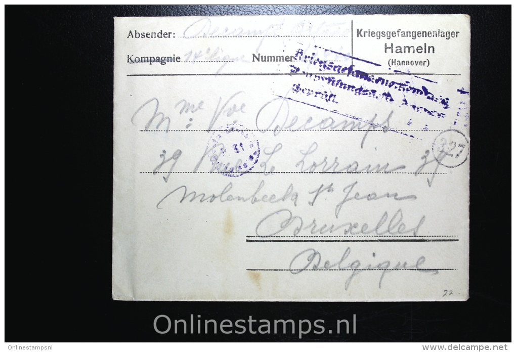 Germany 1918 Sep, Cover Complete Kriegsgefangenenlager Hamelen To Brussels Belgium - Briefe U. Dokumente