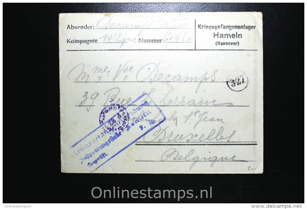 Germany 1918 , Cover Complete Kriegsgefangenenlager Hamelen To Brussels Belgium - Briefe U. Dokumente