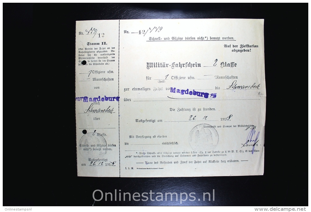 Germany  26-12-1918 , Militär-fahrschein 2 Klasse Magdeburg - Briefe U. Dokumente