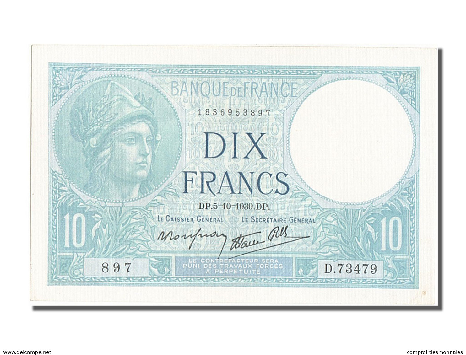 Billet, France, 10 Francs, 10 F 1916-1942 ''Minerve'', 1939, 1939-10-05, SPL - 10 F 1916-1942 ''Minerve''