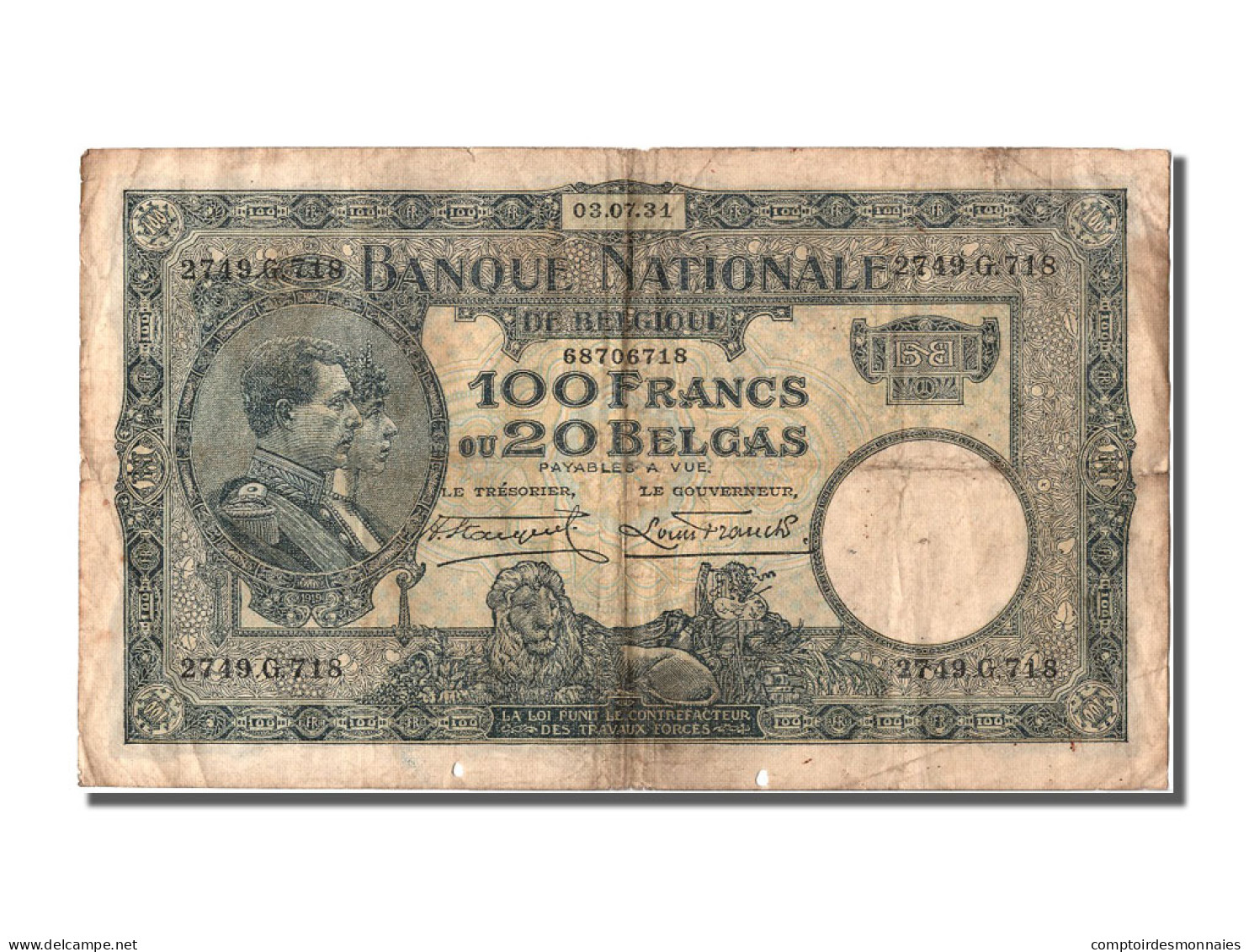 Billet, Belgique, 100 Francs-20 Belgas, 1931, 1931-07-03, TB - 100 Frank & 100 Frank-20 Belgas