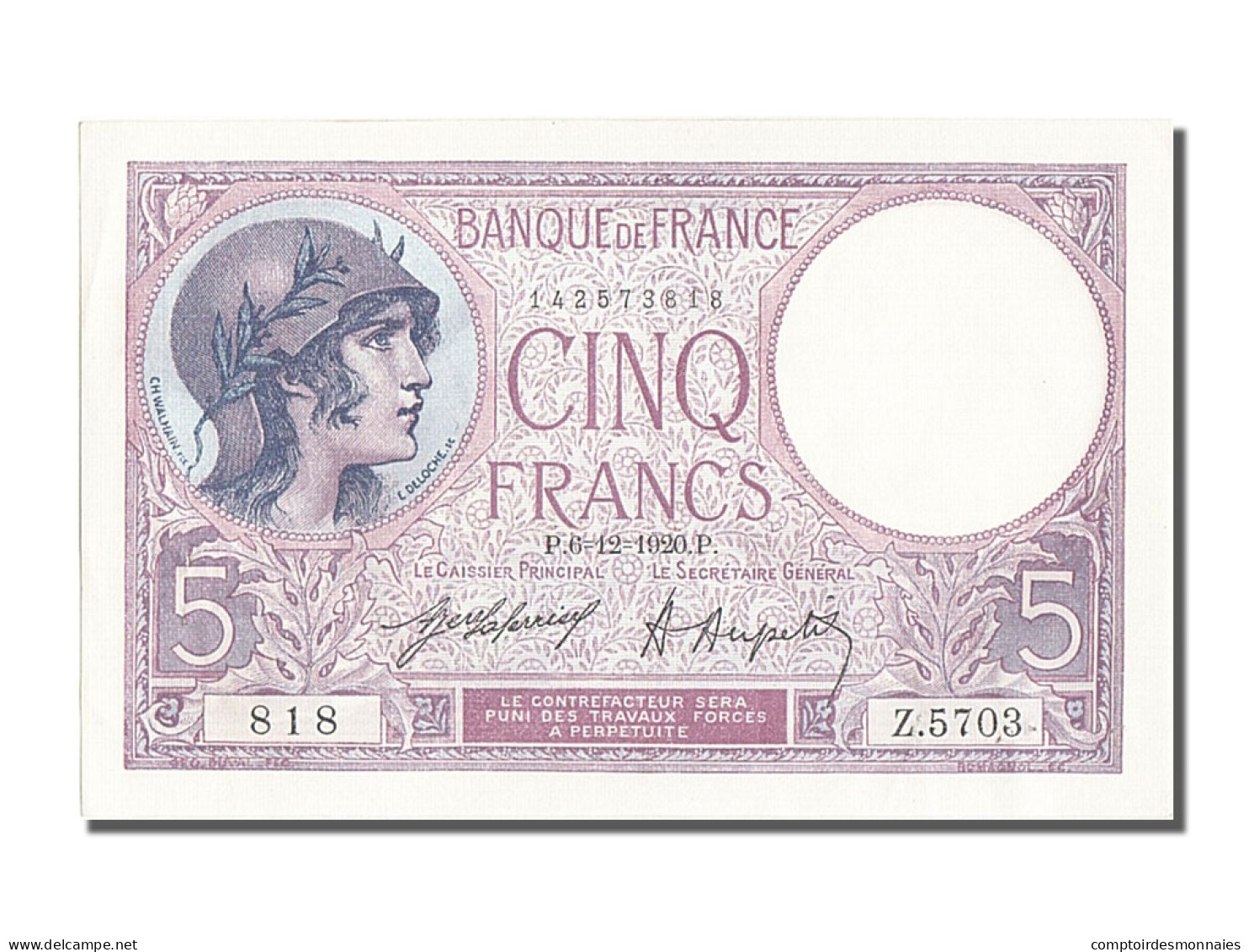 Billet, France, 5 Francs, 5 F 1917-1940 ''Violet'', 1920, 1920-12-06, SUP+ - 5 F 1917-1940 ''Violet''