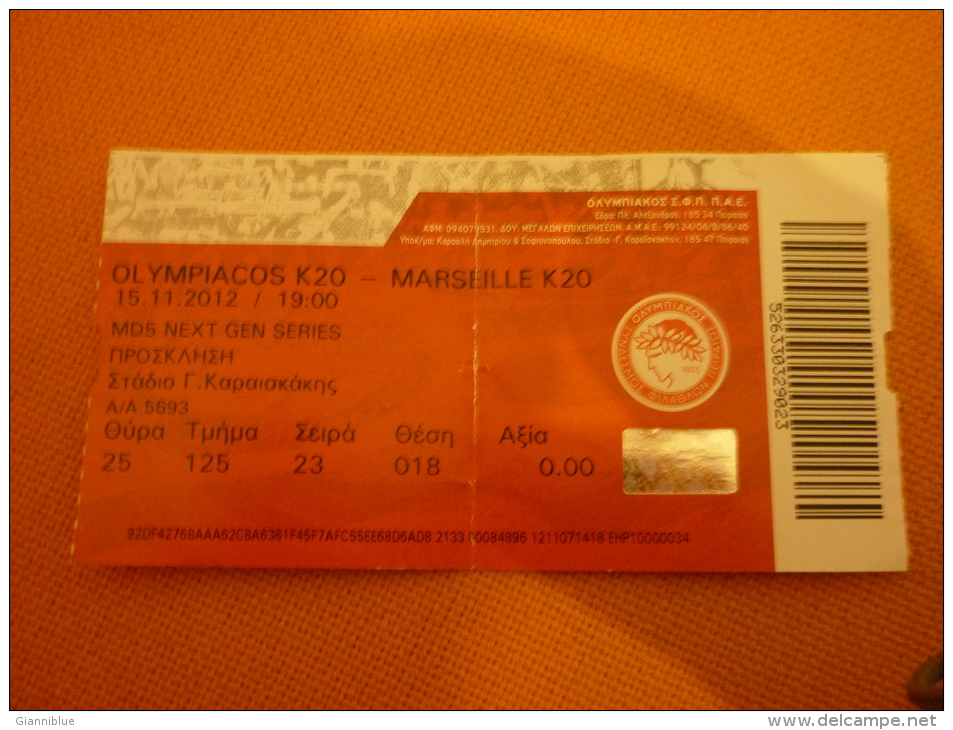 Olympiakos K20-Marseille K20 UEFA Next Gen Series Football Match Ticket Stub - Tickets D'entrée