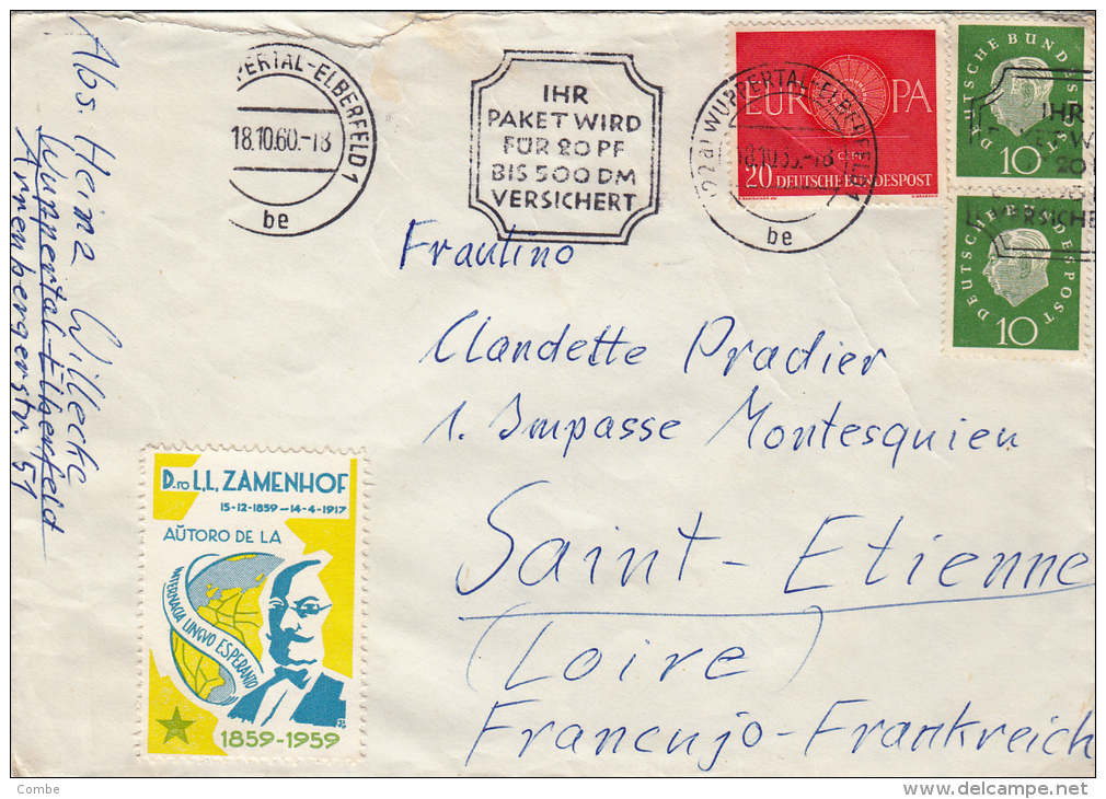 Très beau lot de 5 lettres 1960 avec des vignettes de l'Esperanto, WUPPERTAL-St ETIENNE/ 4257