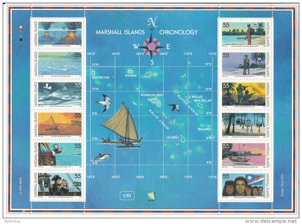 Marshall Islands MNH Scott #607 Sheet Of 12 Different 55c History Of Marhall Islands With Map In Center - Marshall