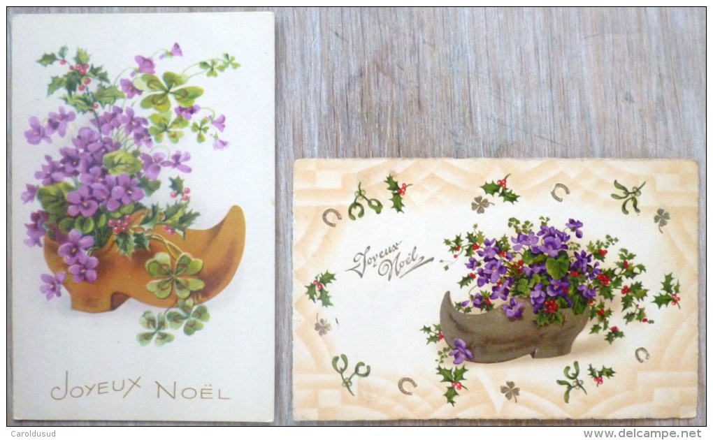 Cp Lot 2x Litho Illustrateur Voeux  NOEL SABOT SABOTS REMPLI DE FLEUR VIOLETTE TREFLE ET HOUX - Colecciones Y Lotes