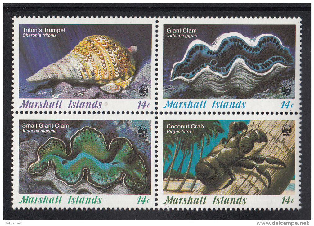 Marshall Islands MNH Scott #113a Block Of 4 Different 14c Triton's Trumpet, Giant Clams, Coconut Crab - Invertebrates - Marshall Islands