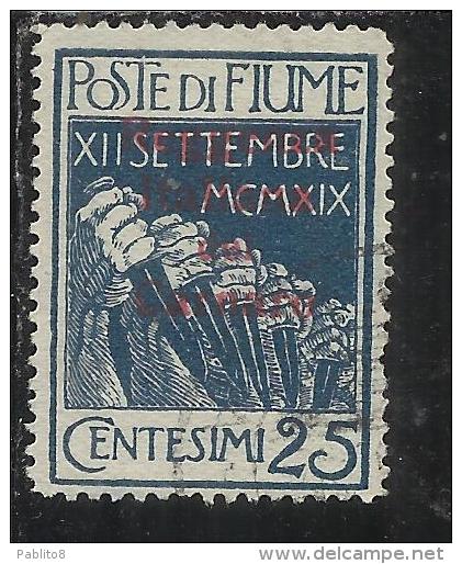 FIUME OCCUPAZIONE ITALIA ITALY 1920 SOPRASTAMPA OVERPRINTED REGGENZA ITALIANA DEL CARNARO CENT. 25 USED - Fiume