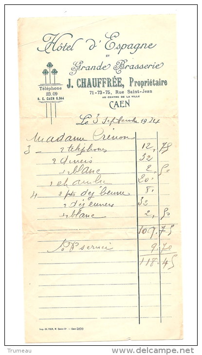 CAEN HOTEL D'ESPAGNE ET GRANDE BRASSERIE J CHAUFFREE PROPRIETAIRE 1934 - Sport En Toerisme