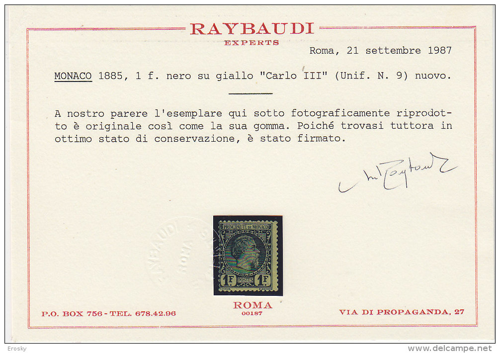 F1532 - MONACO Yv N°9 * CERTIFICATE - Neufs