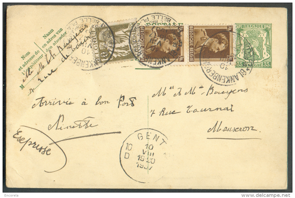 E.P. Carte 35 Centimes Lion Sceau De L'Etat + 70 Centimes L.III Col Ouvert (x2) + 10 Centimes Cérès Obl. Sc BLANKENBERGH - Postcards 1934-1951