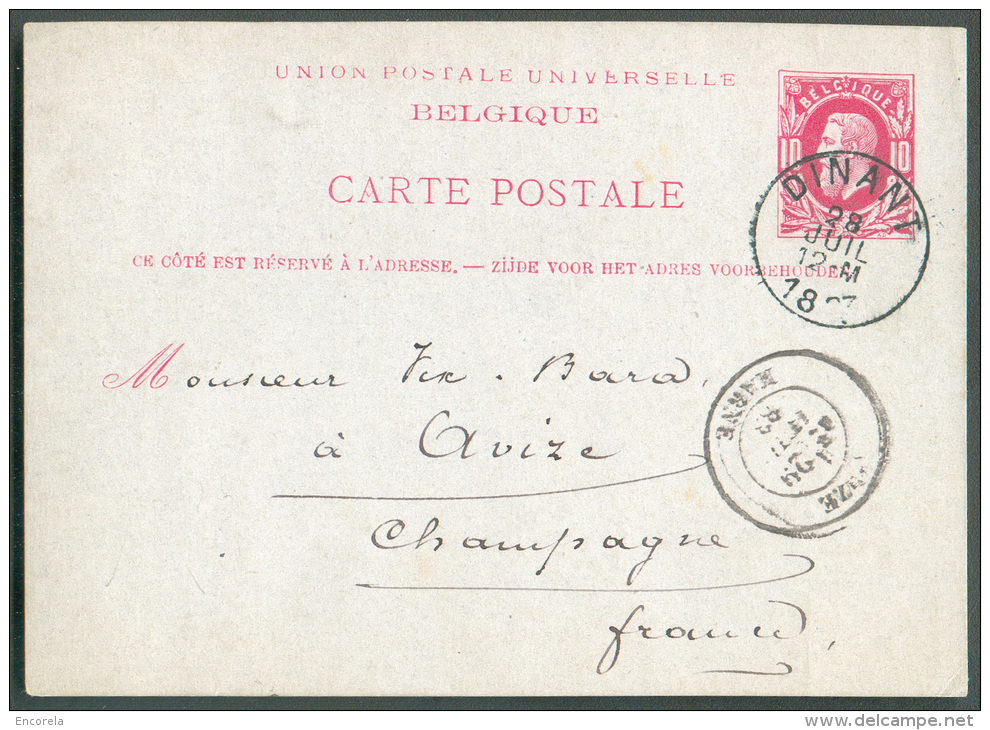 E.P. Carte 10 Centimes Rouge S/bleu Obl. Sc DINANT 28 Juillet 1883 Vers AVIZE (Champagne) - 9576 - Briefkaarten 1871-1909