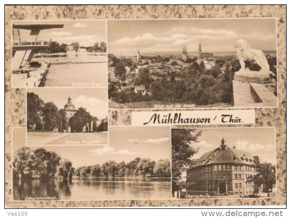 CPA MUHLHAUSEN- SWIMMING POOL, GATE, LAKE, BOATS, MANSION, PANORAMA - Muehlhausen