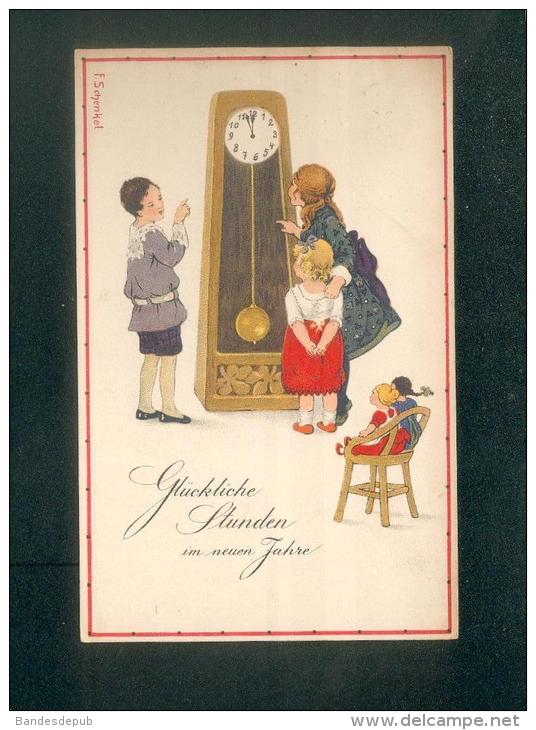 AK  - Illustrateur Franziska Schenkel - Gluckliche Stunden Im Neuen Jahre ( Nouvel An Enfants Poupée Horloge ) - Schenkel, Franziska