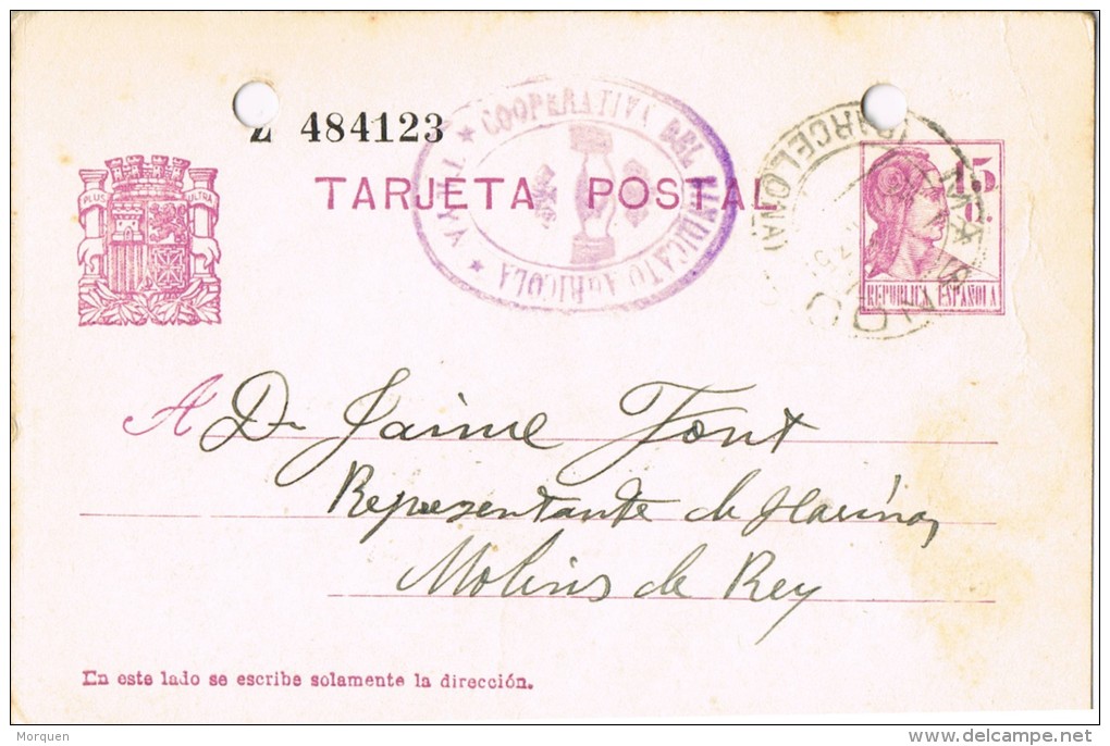 6393. Entero Postal TEIÁ (barcelona) 1935. Cooperativa  Obrera Agricola - 1931-....