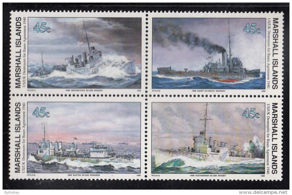 Marshall Islands MNH Scott #260a Block Of 4 45c UK/US Destroyers For Bases Agreement - World War II - Marshall