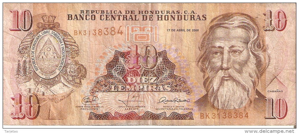 BILLETE DE HONDURAS DE 10 LEMPIRAS AÑO 2008 (BANKNOTE) - Honduras