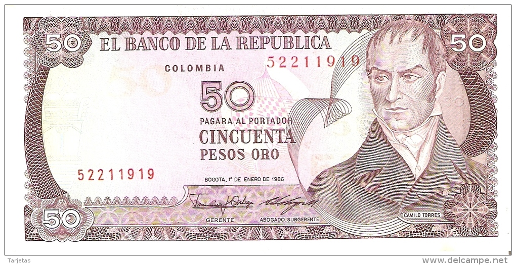 BILLETE DE COLOMBIA DE 50 PESOS DE ORO DEL AÑO 1986  (BANK NOTE) - Colombia