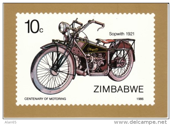 Sopwith 1921 Motorcycle Illustration On Zimbabwe Stamp Image On C1980s Vintage Postcard - Postzegels (afbeeldingen)