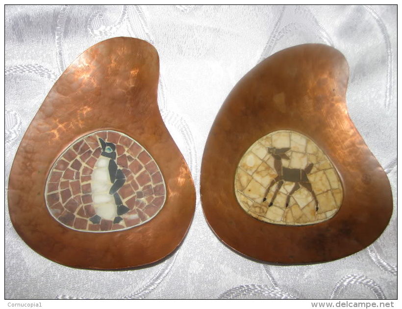 TWO Stone Mosaic Copper Plates ~ YOUNG DEER ~ PENGUIN ~ HaMeshakem Israel 1950´s - Coppers