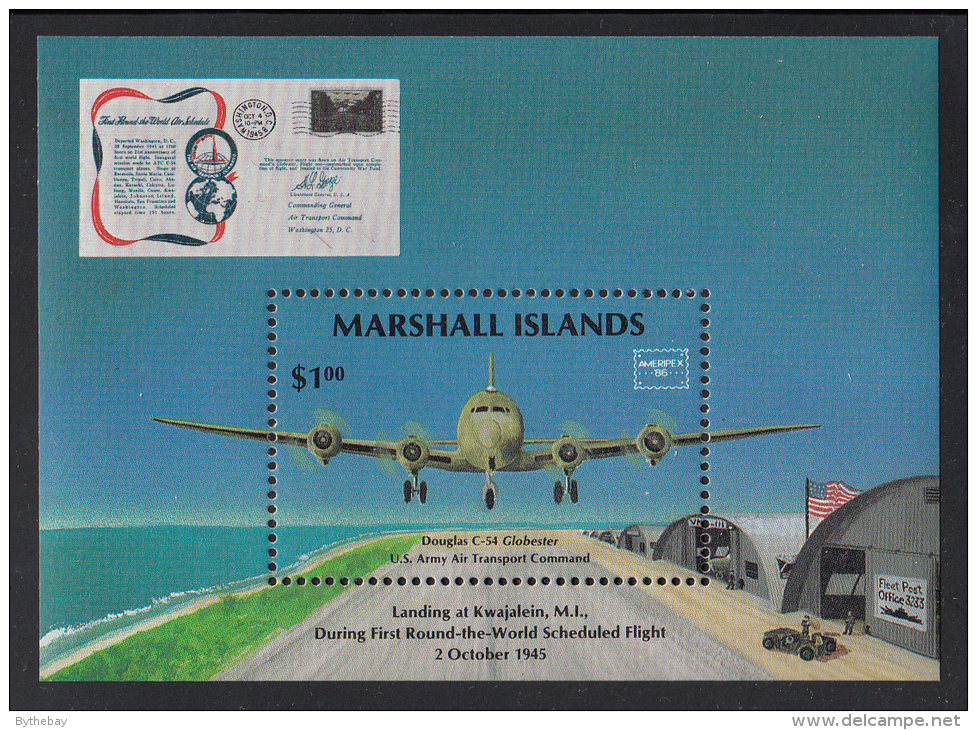 Marshall Islands MNH Scott #114 Souvenir Sheet $1 Douglas C-54 Landing During 1st Scheduled Round-the-World Flight - Marshall Islands