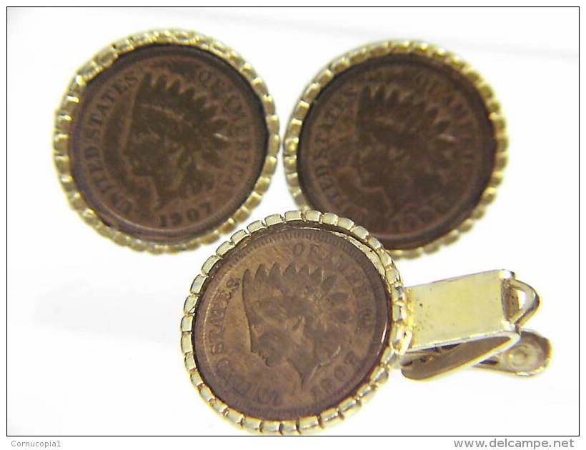 1906-1907 ONE CENT INDIAN HEAD CUFFLINKS & TIE CLASP - Manchetknopen & Boordknopen