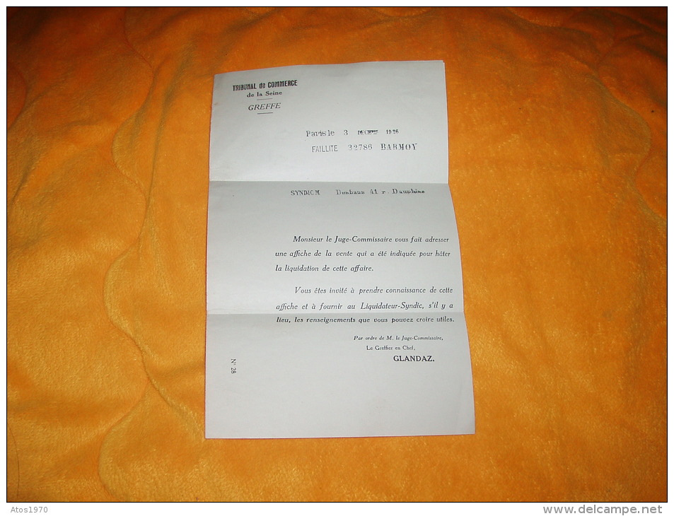 LETTRE N°28 DE 1926 / TRIBUNAL DE COMMERCE DE LA SEINE GREFFE / PARIS / CACHETS + TIMBRE. - 1921-1960: Période Moderne