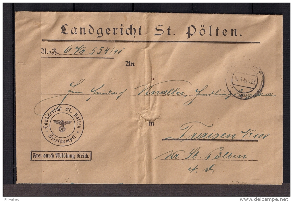 AUSTRIA 1941, WWII, LANDGERICHT ST. PÖLTEN A TRAISEN, BONITO SOBRE CON FECHADOR Y FRANQUICIA - Briefe U. Dokumente