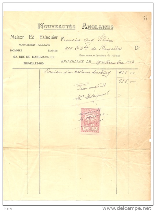 Facture - Maison Ed. ESTAQUIER - Marchand-Tailleur - BRUXELLES  1922 - Métiers - 1900 – 1949