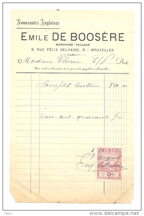 Facture - Emile DE BOOSERE - Marchand-Tailleur - BRUXELLES  1922 - Métiers - 1900 – 1949