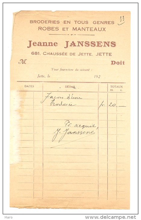 Facture - Jeanne JANSSENS - Broderies, Robes, Manteaux  1922 - JETTE - Métiers - 1900 – 1949