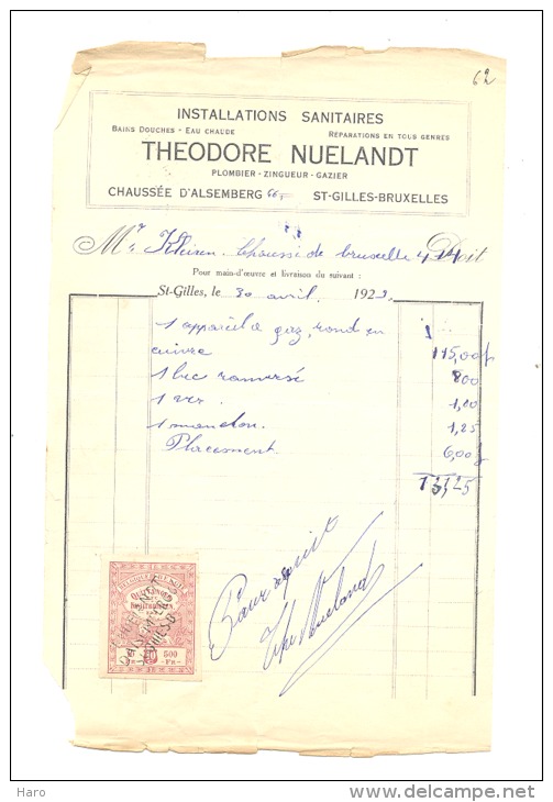 Facture - Théodore NUELANDT - Installations Sanitaires 1929 - St- GILLES - Métiers - 1900 – 1949