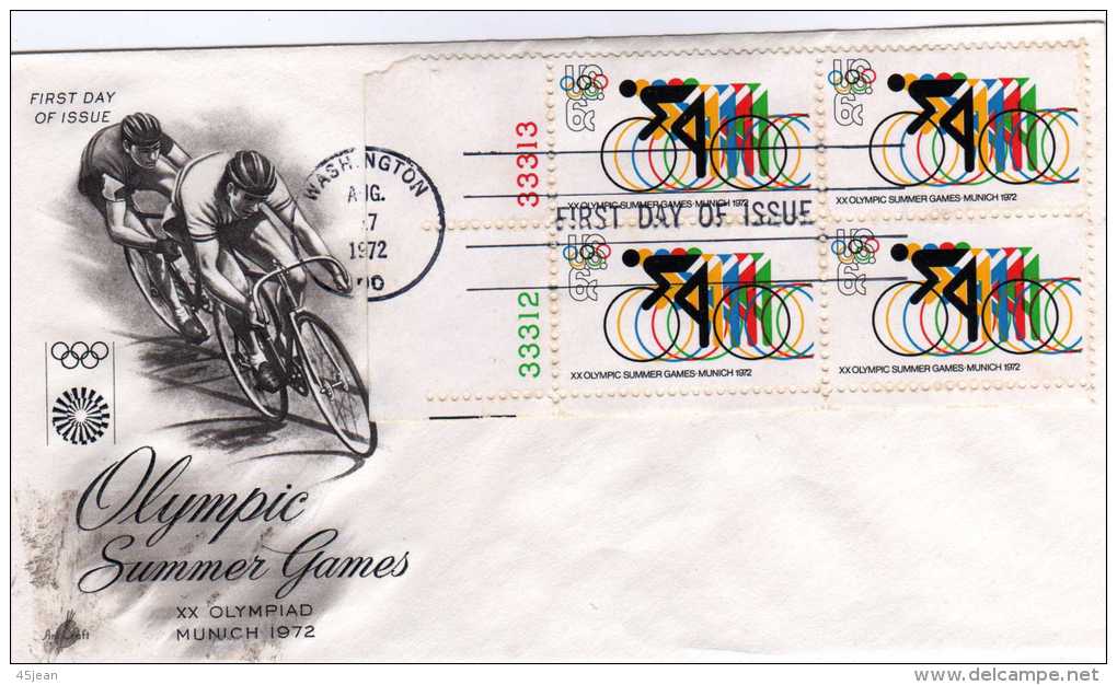 U.S.A: 1972 Belle Fdc Jeux Olympiques De Munich Cyclisme Sur Piste Bloc De 4 - Wielrennen