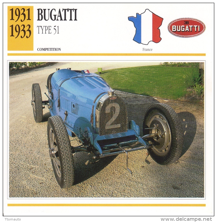 Fiche  -  Bugatti Racing Cars  -  1931  Bugatti Type 51   -  Carte De Collection - Voitures