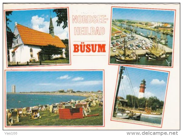 CPA BUSUM- CHURCH, HARBOUR, LIGHTHOUSE, BEACH, SHIPS, CARS - Buesum