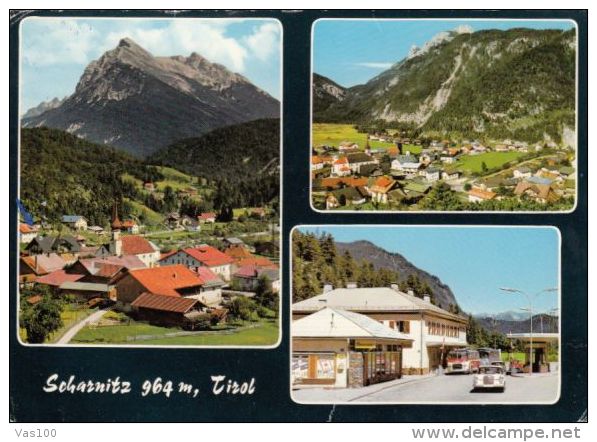 CPA SCHARNITZ- VILLAGE, MOUNTAINS, PANORAMA, BUSS, OLD CAR - Scharnitz