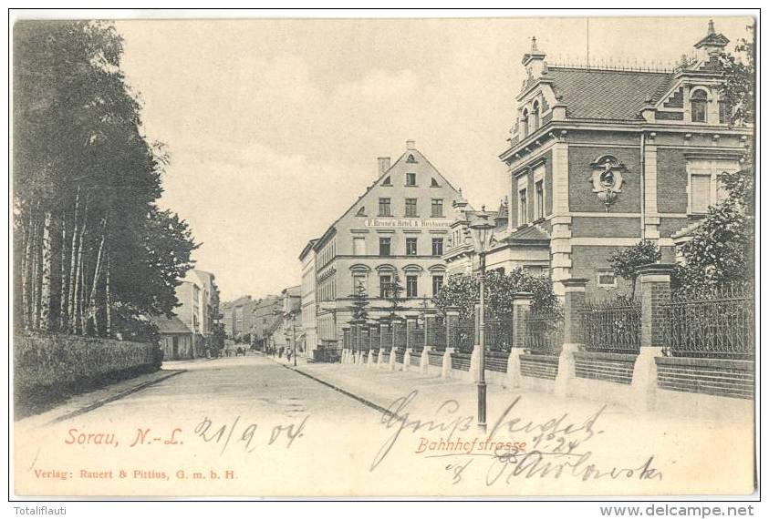 Sorau Lausitz Bahnhof Straße Lebus &#379;ary 21.9.1904 Gelaufen Belebt P Broses Hotel Und Restauration TOP-Erhaltung - Neumark