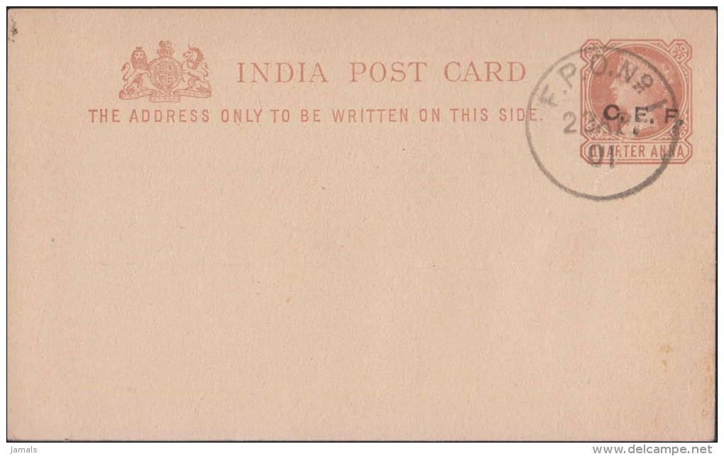 Br India Queen Victoria, Postal Card, C.E.F / China Expeditionary Force Overprint, With Postmark, Unused Inde Indien - 1882-1901 Empire
