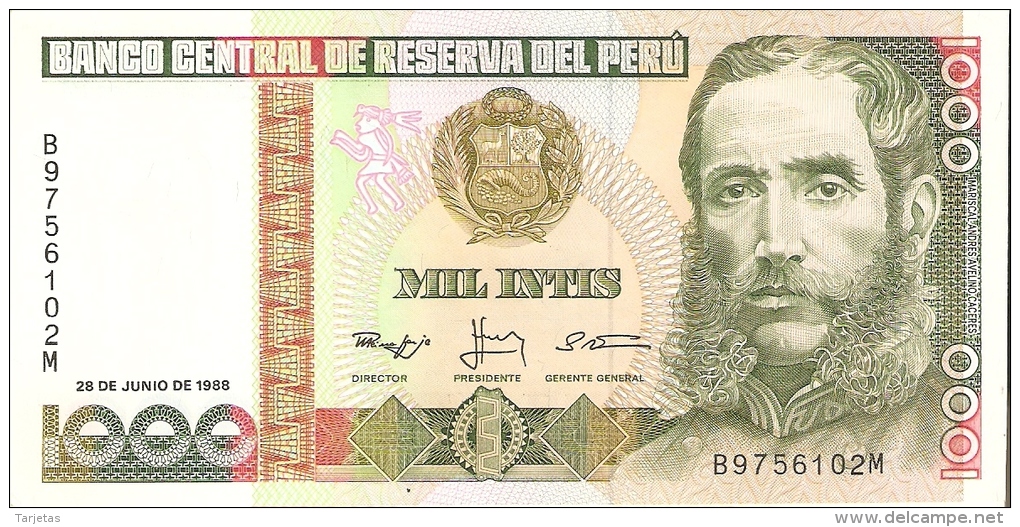 BILLETE DE PERU DE 1000 INTIS DEL AÑO 1988  (BANKNOTE) SIN CIRCULAR-UNCIRCULATED - Perú