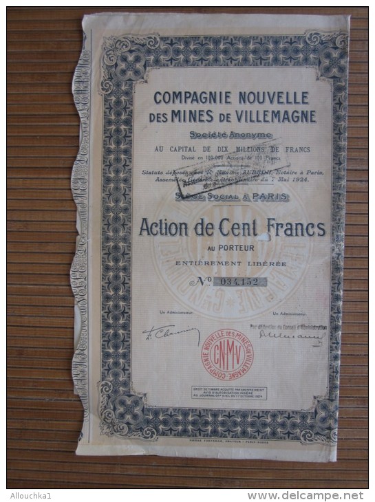 TITRE ACTION Scripophilie Constituée Reprise Actifs Société Minière-Métallurgique De Villemagne, Fondée 1908.fermée 1932 - Mineral