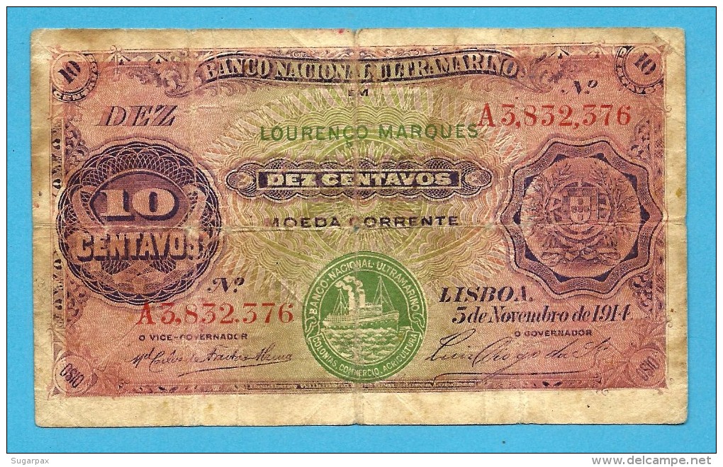 MOZAMBIQUE - 10 CENTAVOS - 05.11.1914 - P 59 - STEAMSHIP SEAL TYPE III - Portugal - Moçambique