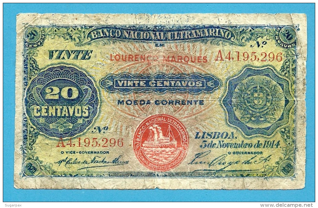 MOZAMBIQUE - 20 CENTAVOS - 05.11.1914 - P 60 - STEAMSHIP SEAL TYPE III - Portugal - Mozambique