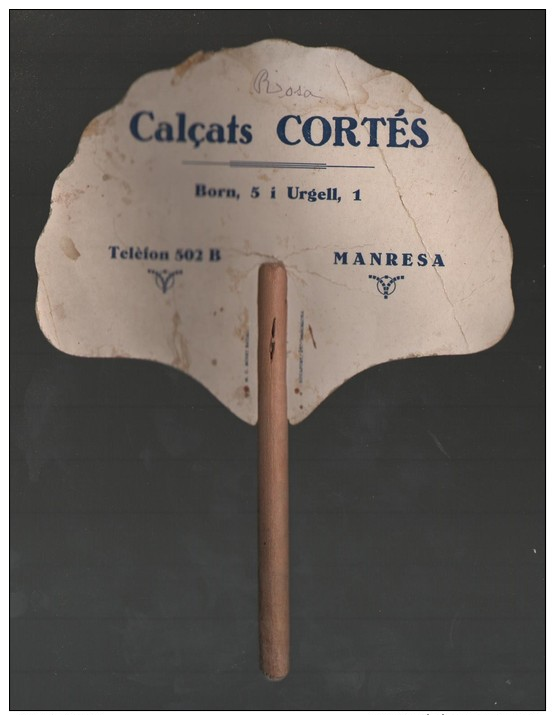 Eventail Publicitaire En Carton, Manche Bois - CORTES Manresa (hauteur 240mm) - Scans Recto/verso - Fans