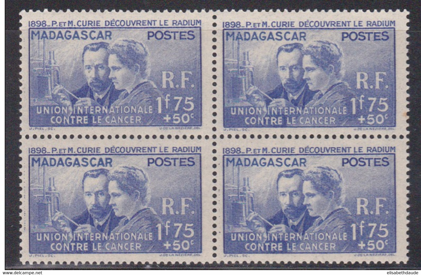 MADAGASCAR - YVERT N° 206 ** MNH  BLOC DE 4  - COTE 2022 = 104 ++EUR. - 1938 Pierre Et Marie Curie