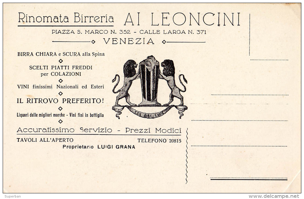 BIRRERIA / BIERHALLE / BRASSERIE / BIÈRE PILSEN : AI LEONCINI - VENEZIA - C.P. ANCIENNE / VINTAGE - YEAR 1939 (p-403) - Kosovo